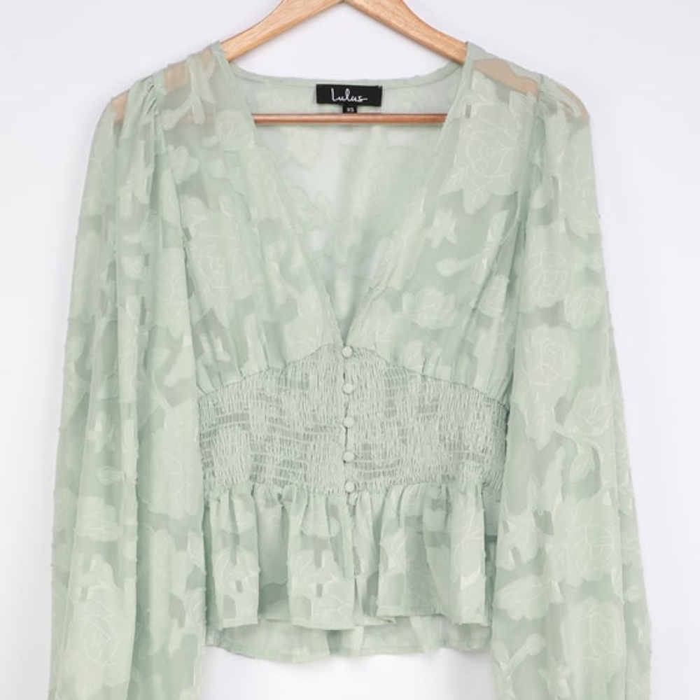 Lulus Patio Date Light Green Floral Jacquard Button-up Long Sleeve Top - Size L